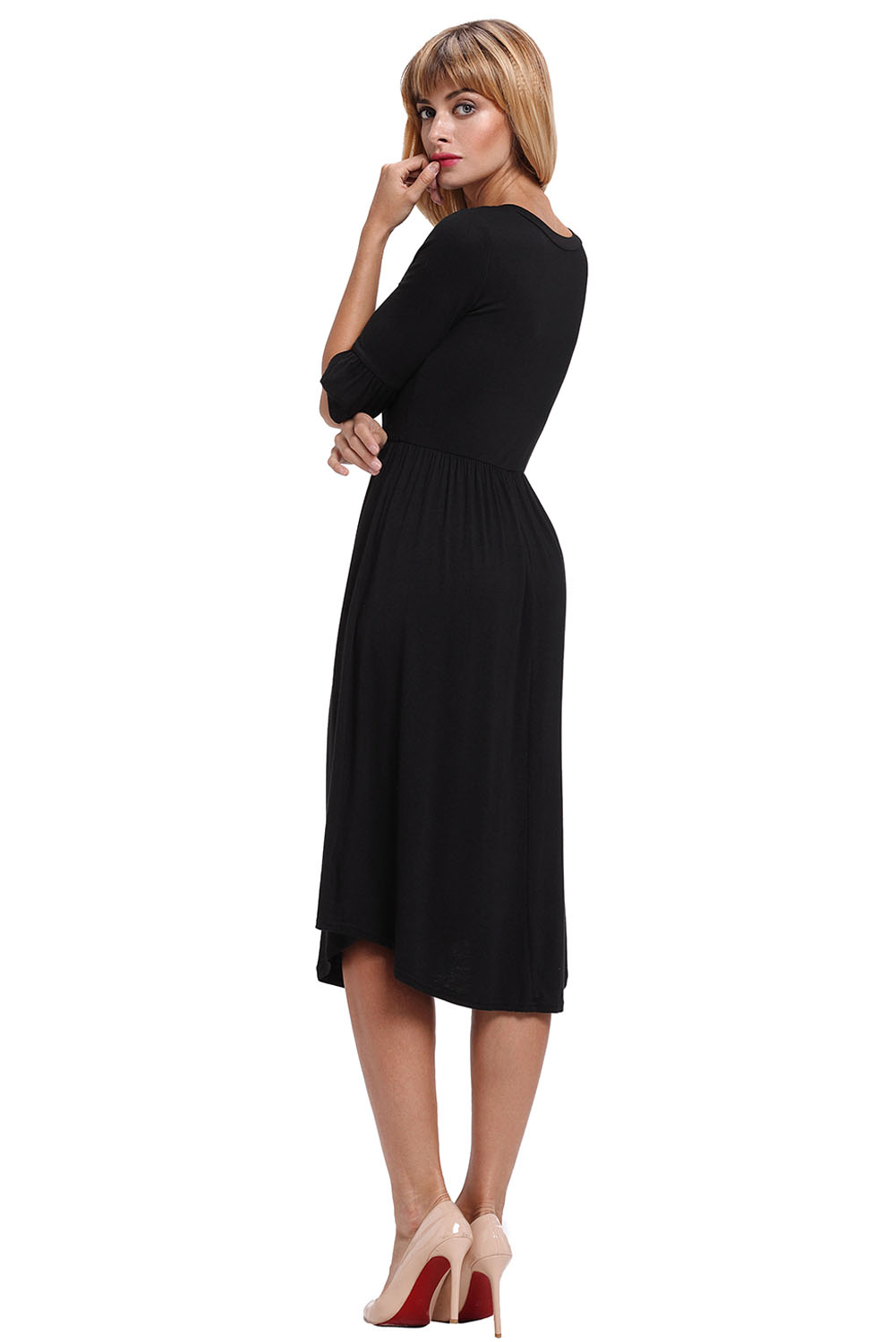 BY61652-2 Black Ruffle Sleeve Midi Jersey Dress